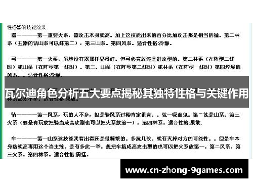 瓦尔迪角色分析五大要点揭秘其独特性格与关键作用