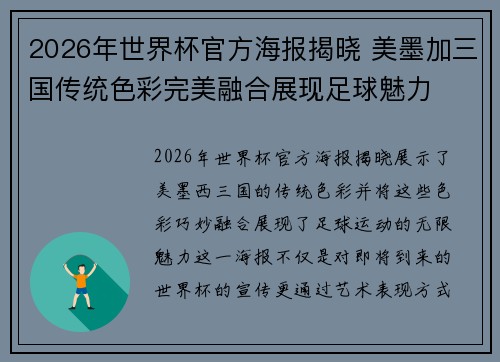 2026年世界杯官方海报揭晓 美墨加三国传统色彩完美融合展现足球魅力 2026年世界杯官方海报揭晓 美墨加三国传统色彩完美融合展现足球魅力