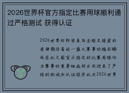 2026世界杯官方指定比赛用球顺利通过严格测试 获得认证